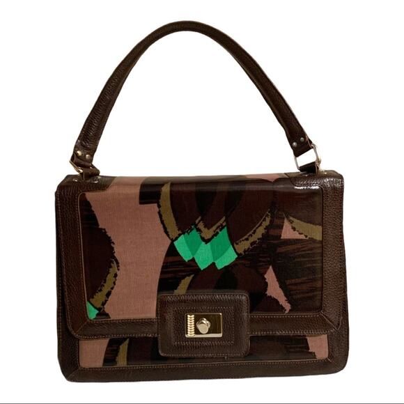 Rare Orla Kiely Brown Pebbled Leather Abstract Design Front Satchel Handbag - Picture 1 of 15